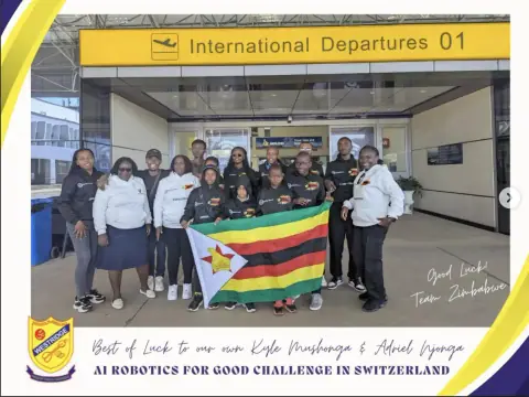 Team Zimbabwe robotics learners at the airport with the national flag